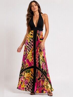 Cache Halter Maxi Dress Pleated Floral Geometric Y2K XSmall Juniors